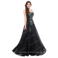 Grace Karin 2016 Hot Sale Lace Up Back Vestidos elegantes Long Chiffon Black Appliques bordado Pavão vestido de noite CL6168-1 #